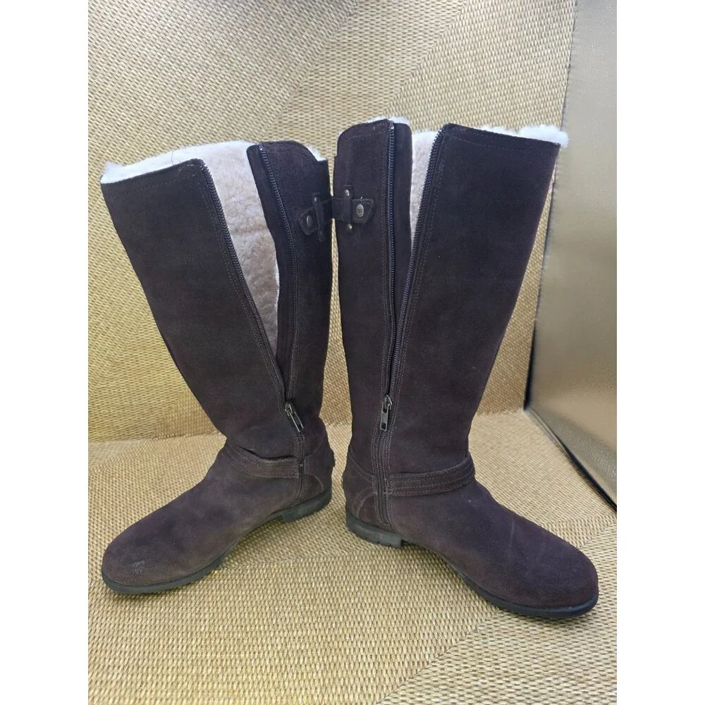 Ugg Brown Suede Leather Tall‎ Zip Boots With Shearling Lining LogoSize 5 Womens